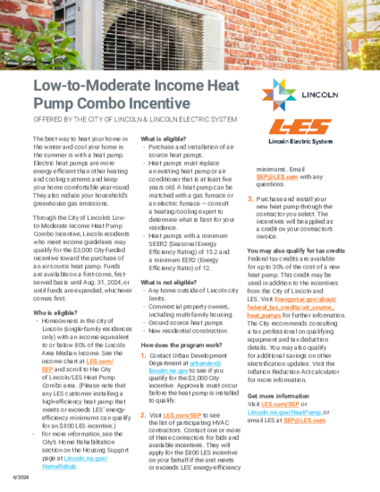 Low-to-Moderate Income Heat Pump Combo Incentive (City of Lincoln and LES)